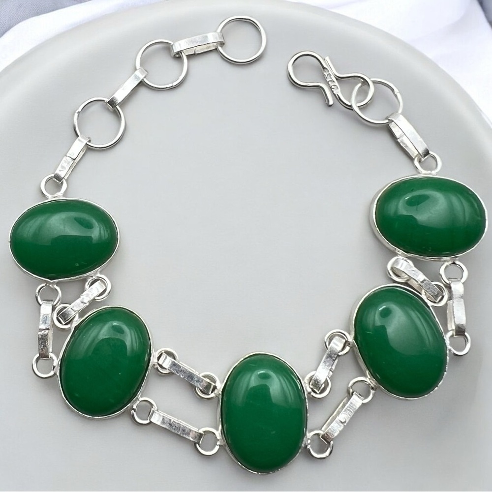 New Green Onyx Stone Silver Overlay Bracelet 6.25 - 7.5
